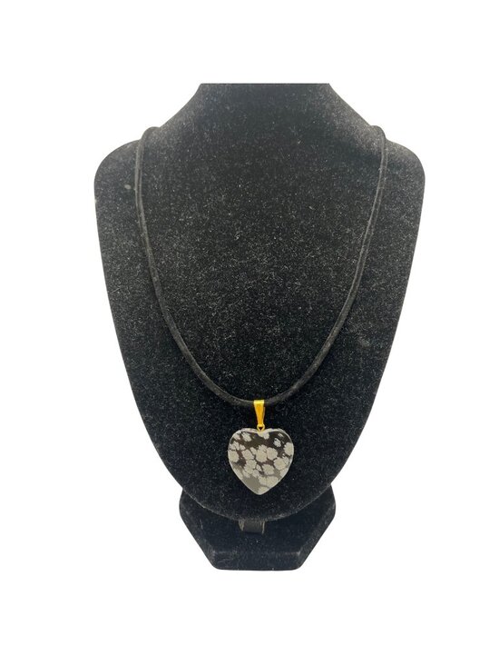 Jewelry - Snowflake Obsidian Heart Pendant Necklace Black Cord  Gold-Tone 20+2" Healing
